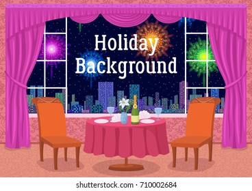 Restaurant Background with Table and Festive Food in Front of Window with View on Night Sky and Colorful Holiday Fireworks, Cartoon Illustration for Your Design. Eps10, Contains Transparencies. Vector