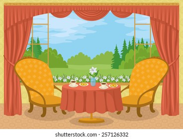 Restaurant background with two chairs and dining table with plates, napkins, glasses and flower in front of the window with view of big city, cartoon illustration. Eps10. Vector