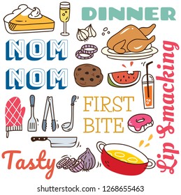 Restaurant background with various food in doodle style.