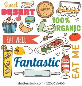 Restaurant background with various food in doodle style.