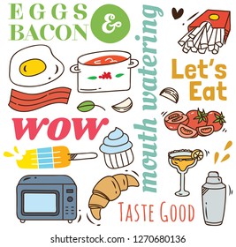 Restaurant background with various food in doodle style.