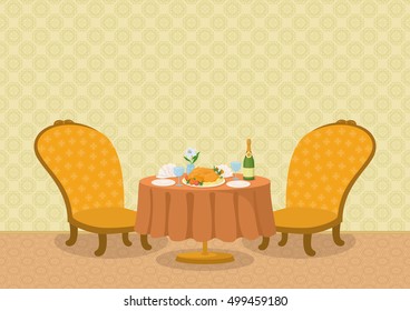 Restaurant Background with Yellow Wall, Two Chairs and Little Dining Table with Plates, Napkins, Glasses, Champagne Bottle and Chicken on Platter, Cartoon Illustration. Eps10 Vector