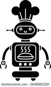 A restaurant baker robots in solid silhouette style with chef hat, antenna, and microwave. Perfect for food tech, automation, or futuristic dining concepts.