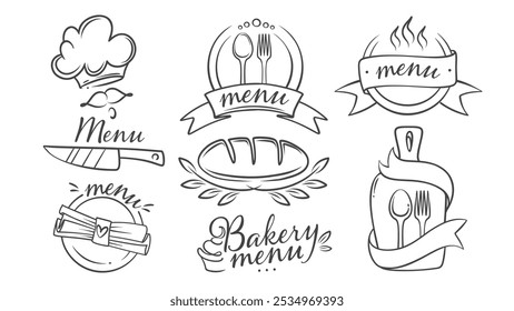 Restaurante e padaria, cafés chefs menu ícones conjunto, design de logotipo retro. Engraçado garfo doodle, colher e faca, talheres tipografia distintivos coleção. Desenhado à mão chef menu de comida ícones ilustração vetorial