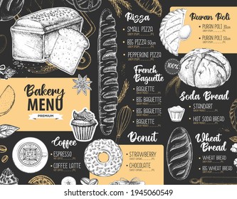 Restaurant bakery menu design. Decorative sketch of bread and dessert.