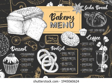 Restaurant bakery menu design. Decorative sketch of bread and dessert.