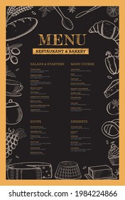 Plantilla de menú de restaurante y panadería. Dibujo manual de la ilustración de los alimentos vectoriales en el fondo negro de la pizarra. Artículos de panadería, queso, frutas, vectores de verduras.