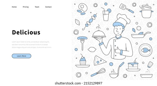 Restaurant banner with doodle food and man in chef hat with dish. Vector landing page of delicious culinary with hand drawn icons of pizza, cake, drink, fish and fried egg