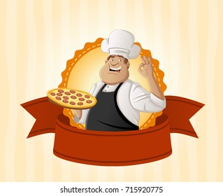 Restaurant Banner With Fat Cartoon Chef Holding Pizza
