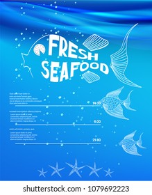 Restaurant banner. Fresh seafood. Silhouettes of fishes in a sea water. Vector illustration