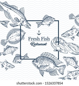 Restaurant banner with seafood or fishing club sign. Badge with sketches of pike and eel, crucian and perch, salmon and tuna, anchor. Shop or store for ocean, sea, river underwater fish. Menu insignia