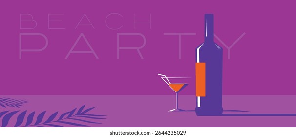Restaurant banner, summer area, palm trees, bottle of wine, glass. Poster beach party, flat style, margarita, merri, martini
