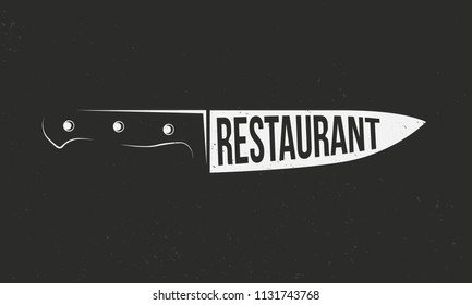 Restaurant banner template. French or Chef's knife with text isolated on black background. Grunge texture. Vector illustration