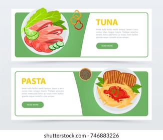 Restaurant banners with different ingredients and dishes top view