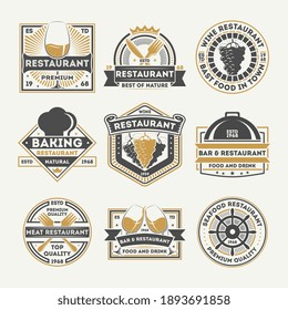 Restaurant and bar badge set. Isolated flat wine drink bar and food restaurant label icons. Logotype design vector illustration
