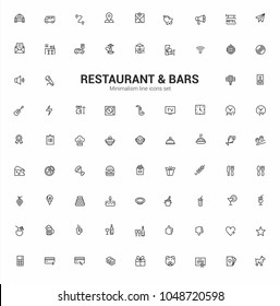 Restaurant, bar, buffet, food, cafe, club. Minimalism vector symbols, line icons set for mobile and desktop screens design.