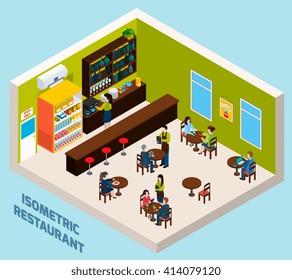 Restaurante bar o cafetería interior diseño isométrico para la buena calidad de la comida y bebidas afiche ilustraciones abstractas vectoriales 