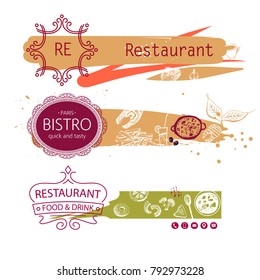 Restaurant, bar, cafe template horizontal banner. Top view front page advertise poster. Sketch vintage style logo for bistro. Design fast food menu.
