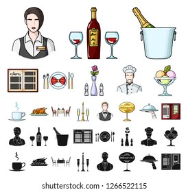 Restaurant and bar cartoon, black icons in set collection for design. Pleasure, food and alcohol vector symbol stock web illustration.