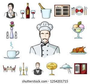 Restaurant and bar cartoon icons in set collection for design. Pleasure, food and alcohol vector symbol stock web illustration.