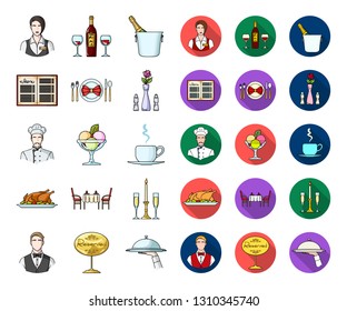 Restaurant and bar cartoon,flat icons in set collection for design. Pleasure, food and alcohol vector symbol stock web illustration.