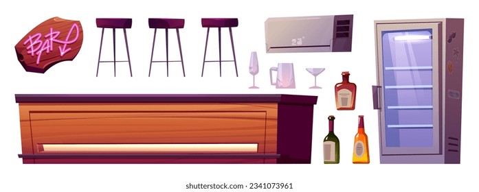 Restaurant bar counter interior vector cartoon set. Pub table for drink cocktail with high stool, fridge, air conditioning and glasses for alcohol. City nightclub neon illumination isolated clipart