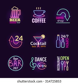 Restaurant bar and dance club neon signs set isolated vector illustration