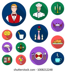 Restaurant and bar flat icons in set collection for design. Pleasure, food and alcohol vector symbol stock web illustration.