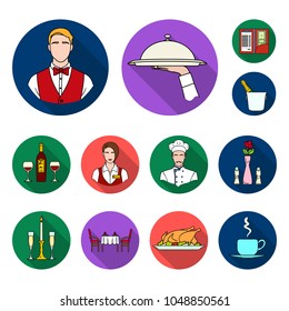 Restaurant and bar flat icons in set collection for design. Pleasure, food and alcohol vector symbol stock web illustration.