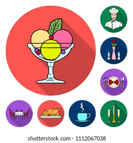Restaurant and bar flat icons in set collection for design. Pleasure, food and alcohol vector symbol stock web illustration.
