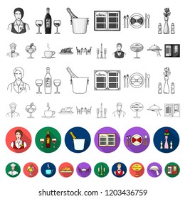 Restaurant and bar flat icons in set collection for design. Pleasure, food and alcohol vector symbol stock web illustration.
