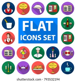 Restaurant and bar flat icons in set collection for design. Pleasure, food and alcohol vector symbol stock web illustration.