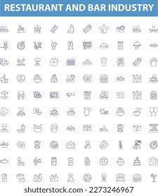 Restaurant and bar industry line icons, signs set. Restaurant, Bar, Industry, Dining, Cuisine, Meal, Food, Service, Patrons outline vector illustrations.