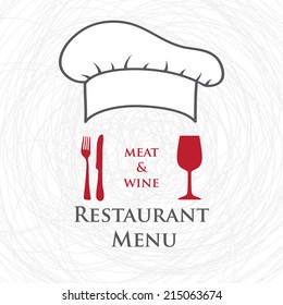 Restaurant and bar menu list. Vector illustration of chief hat, wine glass, knife and fork.