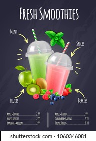 Restaurant or bar menu page with fresh smoothies realistic composition with ingredients labeling vector illustration