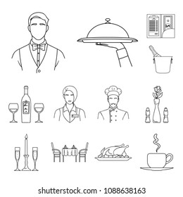 Restaurant and bar outline icons in set collection for design. Pleasure, food and alcohol vector symbol stock web illustration.