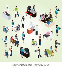Restaurant Bar People Isometric Icons Set