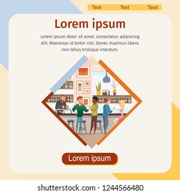 Restaurant, Bar or Pub Flat Vector Square Web Banner with Barmen at Counter Pouring Beer in Glass, People Talking, Ordering and Drinking Alcohol Beverages Illustration. Small Business Landing Page