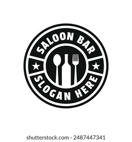 restaurant bar saloon logo design concept idea with spoon, fork, and bottle vintage retro badge label circle stamp
