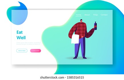 Restaurant or Bar Staff Serving Customer Website Landing Page. Waiter or Sommelier Holding Red Wine Bottle and White Towel for Tasting in Restaurant Web Page Banner. Cartoon Flat Vector Illustration
