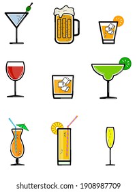 Ilustración vectorial de bebidas alcohólicas en restaurantes y bares.