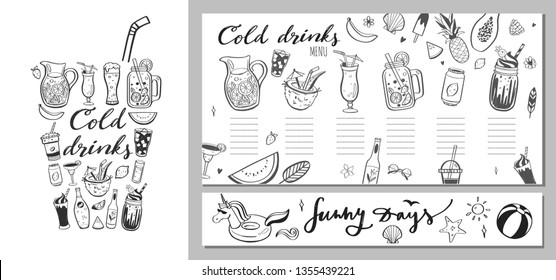 Restaurant and bar vector menu template with hand drawn illustrations.  summer cocktails and beverages. Various doodles for beach party, bar, cafe menu