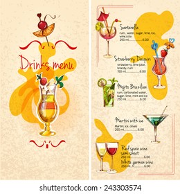 Restaurant bar wine cocktails and alcoholic drinks menu sketch vector illustration