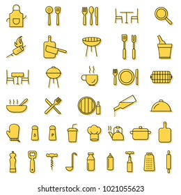 Restaurant, barbecue, cooking, serving, kitchen, cutlery, tools line black icons. Collection of outline icons