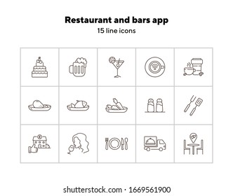 Restaurant and bars app line icon set. Dessert, vegetables, pizza, beer isolated outline sign pack. Restaurant business concept. Vector illustration symbol elements for web design.
