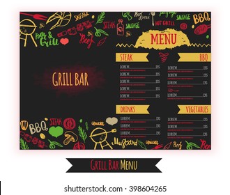 Restaurant BBQ menu brochure. Vector cafe template with hand-drawn graphic. BBQ menu flyer.