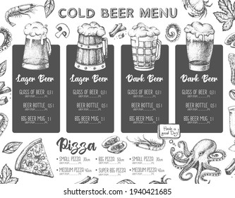 Restaurant beer menu design. Decorative sketch of beer and seafood snack. Fast food menu