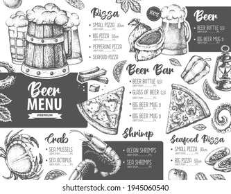 Restaurant beer menu design. Decorative sketch of beer and seafood snack. Fast food menu