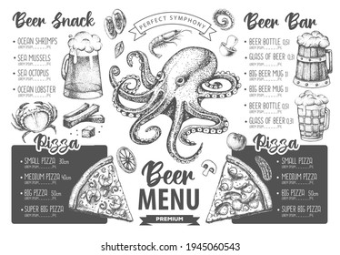 Restaurant beer menu design. Decorative sketch of beer and seafood snack. Fast food menu