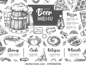 Restaurant beer menu design. Decorative sketch of beer and seafood snack. Fast food menu